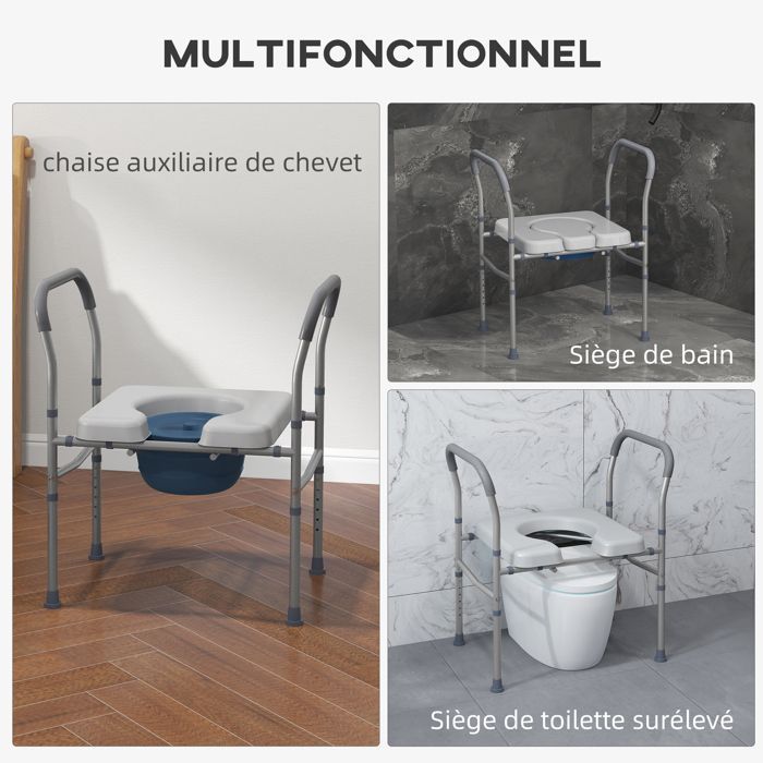Siège de toilette percé - HOMCOM - 4 en 1 multifonction réglable rembourré avec poignée 136 kg - acier - gris