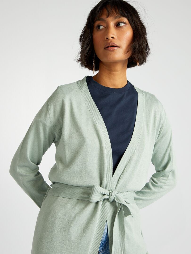 Extra lange cardigan met ceintuur - GROEN
