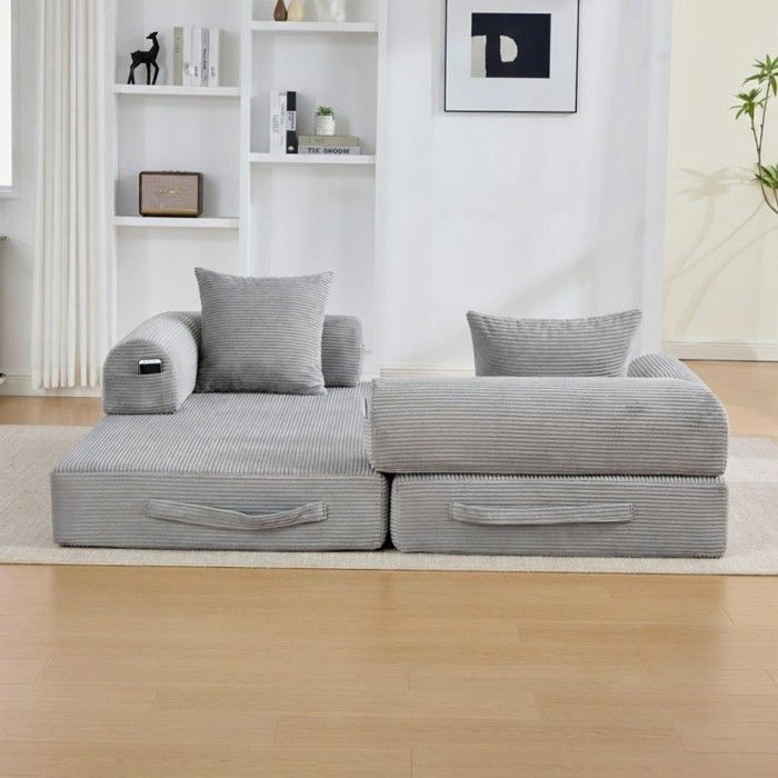 Modular Sofa - LANGTU - Modular - Light Grey Corduroy - Metal Frame - 3 Cushions & Side Pocket
