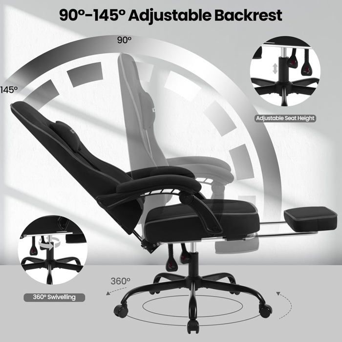 WOLTU Gamingstoel, Gamingfauteuil, Pocketveringkussen, Lendensteun, Technisch textiel, Zwart W0ATT0611