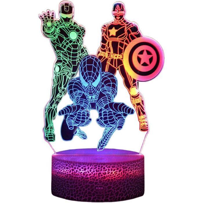 Veilleuse LED 3D enfants - PZCC - Spiderman - Iron Man - Captain America - Changement de couleur - USB ou piles AA