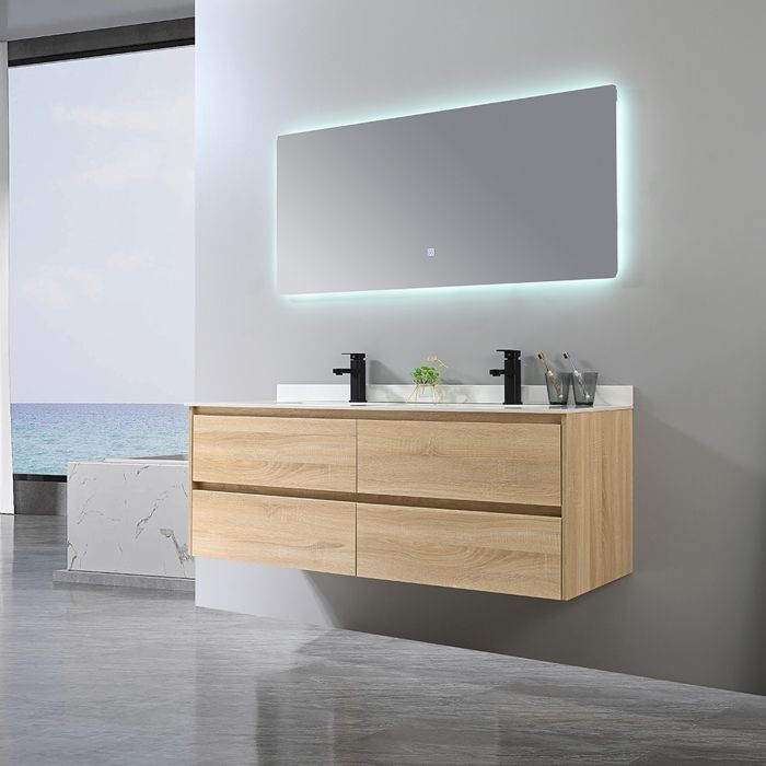 Meuble de salle de bain double vasque 140cm bois et blanc effet marbre avec miroir LED LB-8475 LuxuryBain-