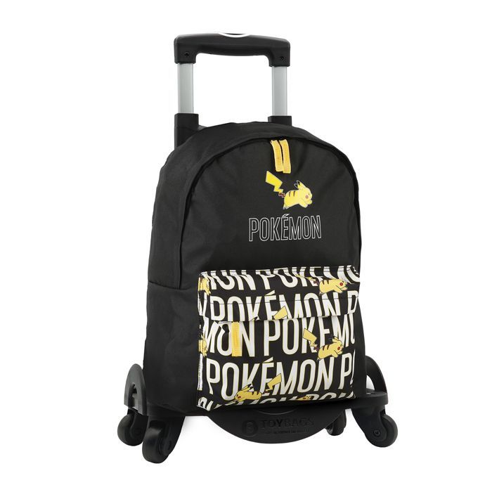Mochila principal DAM Pokemon con doble compartimento + carrito con protección lateral y tope frontal, 4 ruedas giratorias de 360°. 31 x 18 x 42 cm