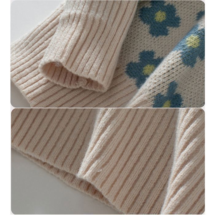 Jersey de mujer – Jacquard floral – Cuello en V – Manga larga – Otoño/Invierno – Talla europea – Color crudo