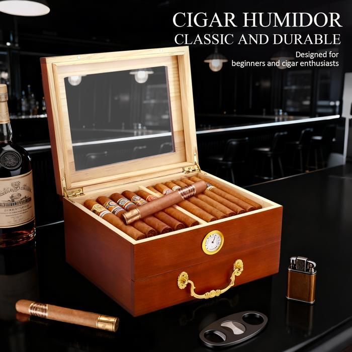 Humidor per sigari a doppio strato con cassetto, umidificatore, igrometro, divisorio e divisorio portatile per sigari.