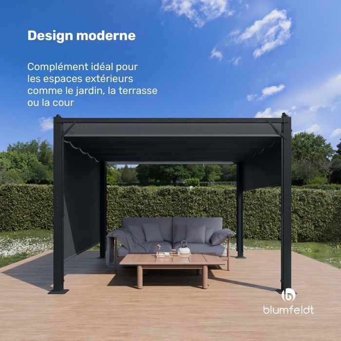 Blumfeldt Pantheon Cortina Pergola 3x3m résistant aux intempéries Pavillon extensible Montage facile  Anthracite/Noir