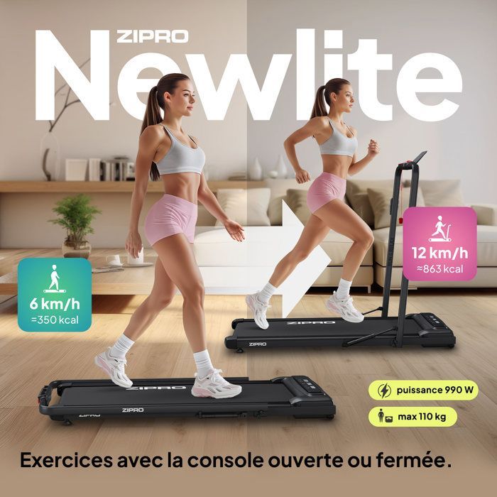 Tapis roulant ZIPRO Newlite | Bastone elettrico pieghevole 2 in 1 | Compatto da riporre sotto la scrivania | Connesso | con telecomando + BT 10 km/h