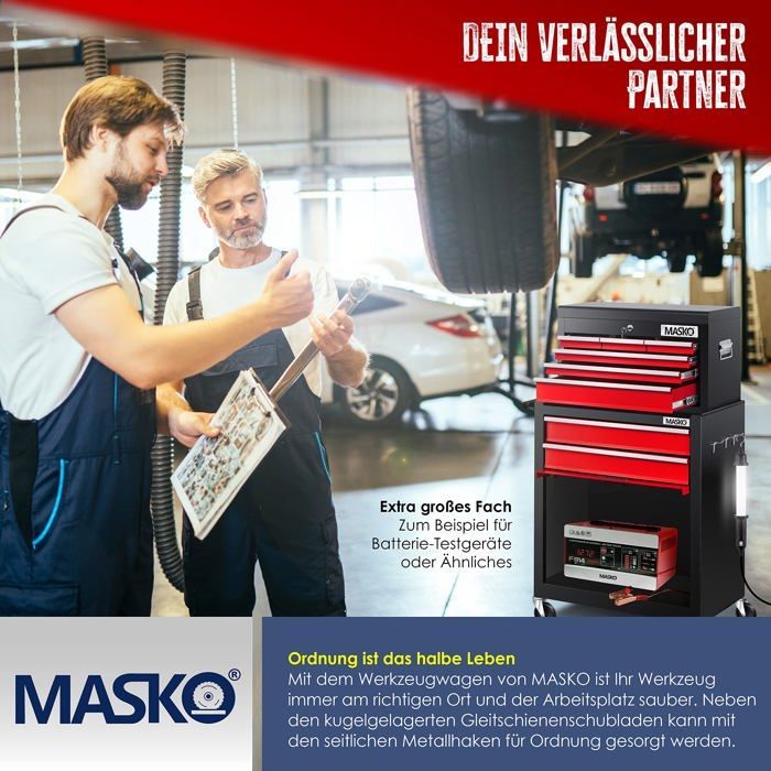 MASKO® Chariot servante d’Atelier | Chariot à Outils 9 Tiroirs verrouillables avec serrure Rouge