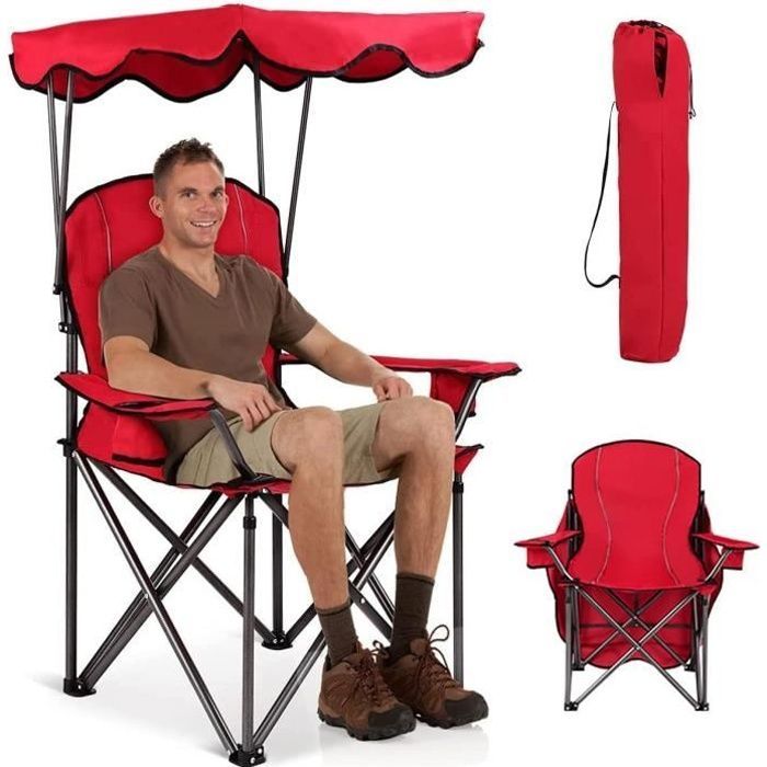 RELAX4LIFE Chaise de Camping Pliante avec Toit Parasol & Porte-Boisson, Chaise de Pêche en Cadre Métallique - Charge Max