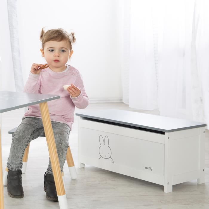Coffre à Jouets miffy® pour Enfant - Meuble de Rangement en Bois 2 en 1 - Blanc / Motif Lapin Gris - ROBA