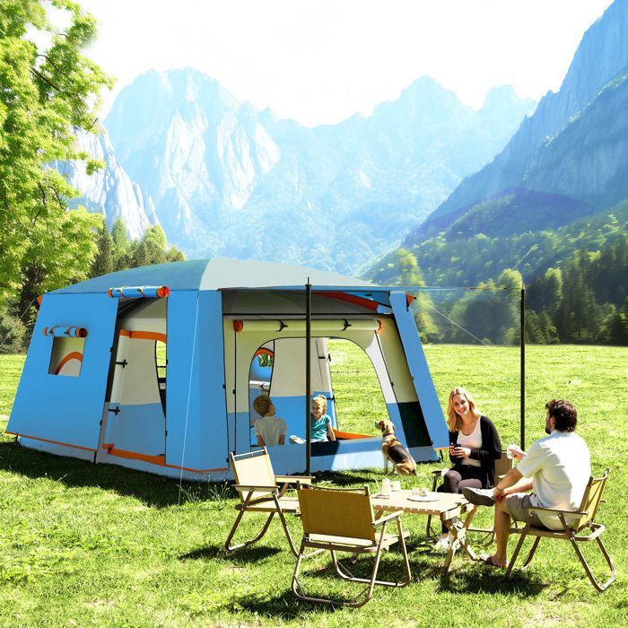 Kampeertent - Outsunny - voor 4-5 personen - waterdicht - deuren + ramen - draagtas - 4,3 x 3 x 1,95 m blauw