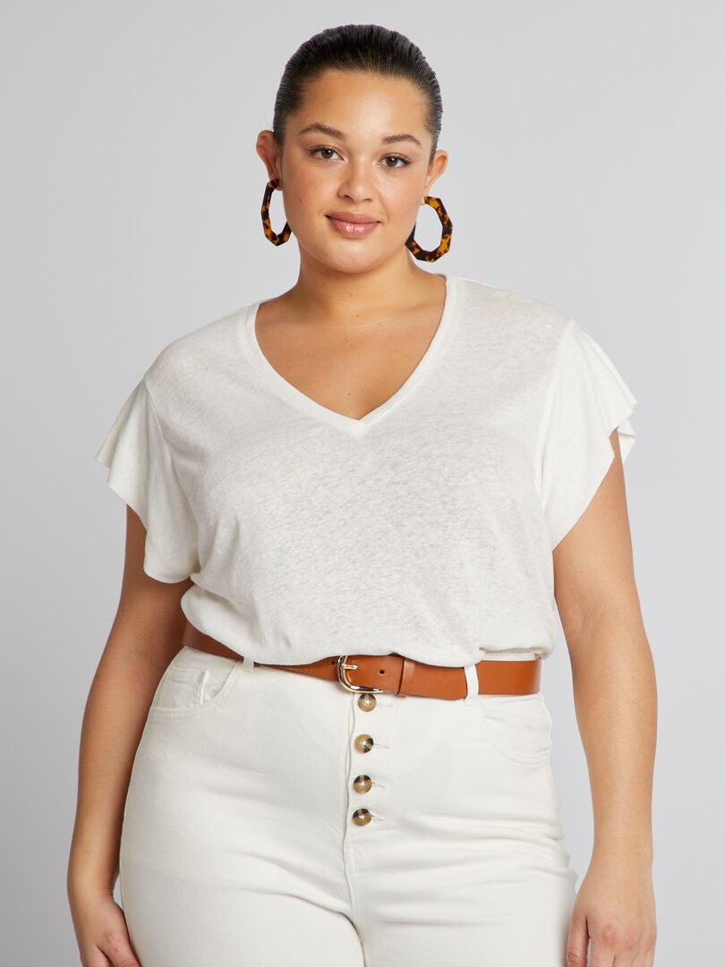 Linnen T-shirt met vleermuismouwen - WIT