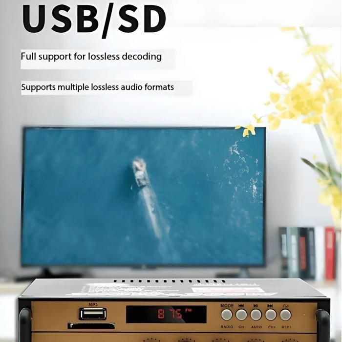 Amplificateur HIFI, Bluetooth, double canal, 60 W, stéréo, USB/SD, marron