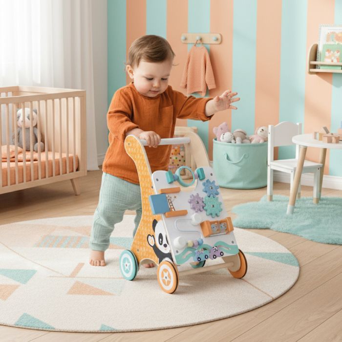 Wooden Baby Walker for Ages 12 Months and Up with Play Panel, Rotating Wheels, Maze, Mirror, and Accessories