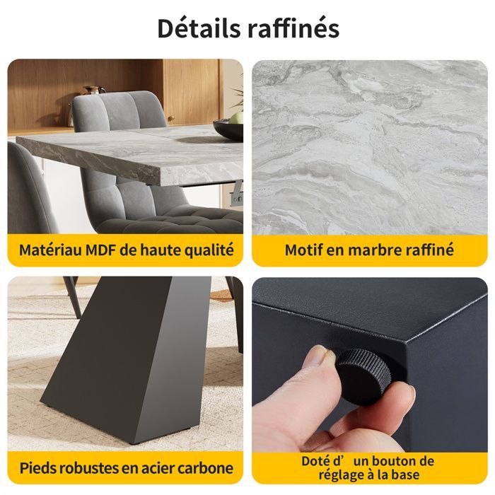 Mesa de comedor extensible, mesa extensible con amplia superficie de trabajo, mesa de cocina para 4 personas, MDF color mármol gris, 99-159×74cm