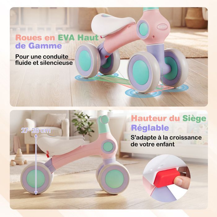 Cochecito infantil COSTWAY con 4 ruedas de EVA, asiento y manillar ajustables, para niños y niñas, capacidad de carga de 30 kg, 52 x 18 x 38 cm, rosa.