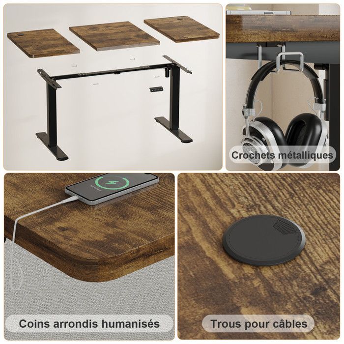 Escritorio eléctrico regulable en altura de 120x60cm, color tostado - Altura ajustable (73-118cm) - Motor silencioso con memoria y puertos USB
