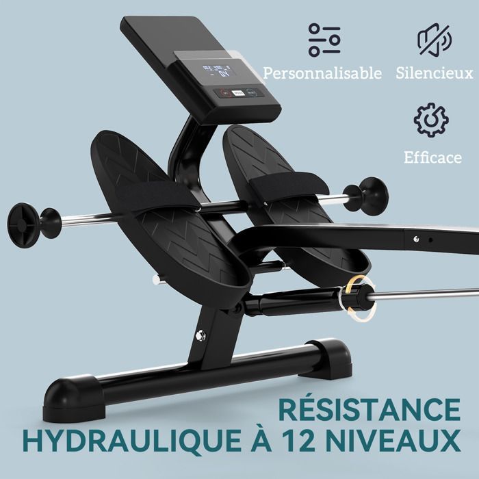 12-Level Hydraulic Rowing Machine - SPORTNOW - LCD Screen - Home Cardio - Black