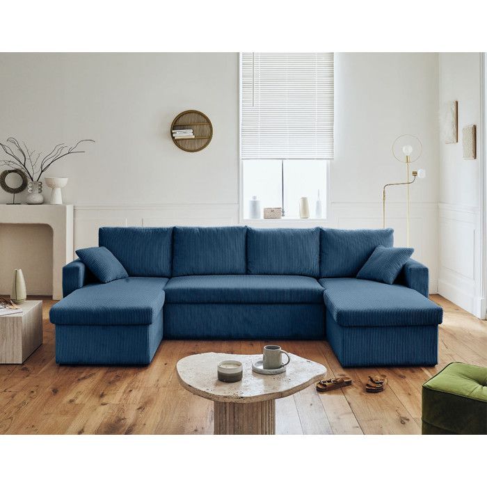 Cyrus – U-förmiges Panoramasofa – 7-Sitzer – ausziehbar mit Stauraum – in Cord – Blau
