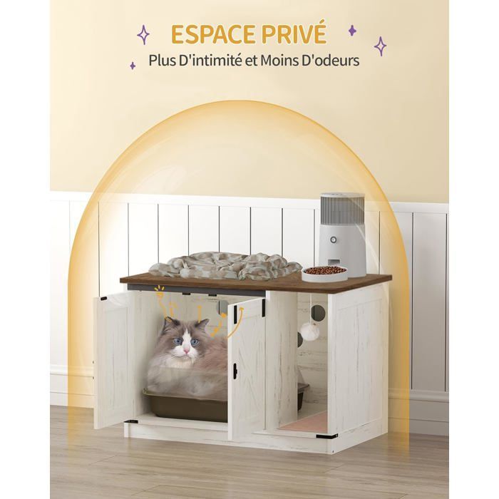 Maison de Toilette Chat, Meuble à Litière Caché avec Cloche à Chat, Maison D'intérieur pour Chats, Marron Rustique et Blanc