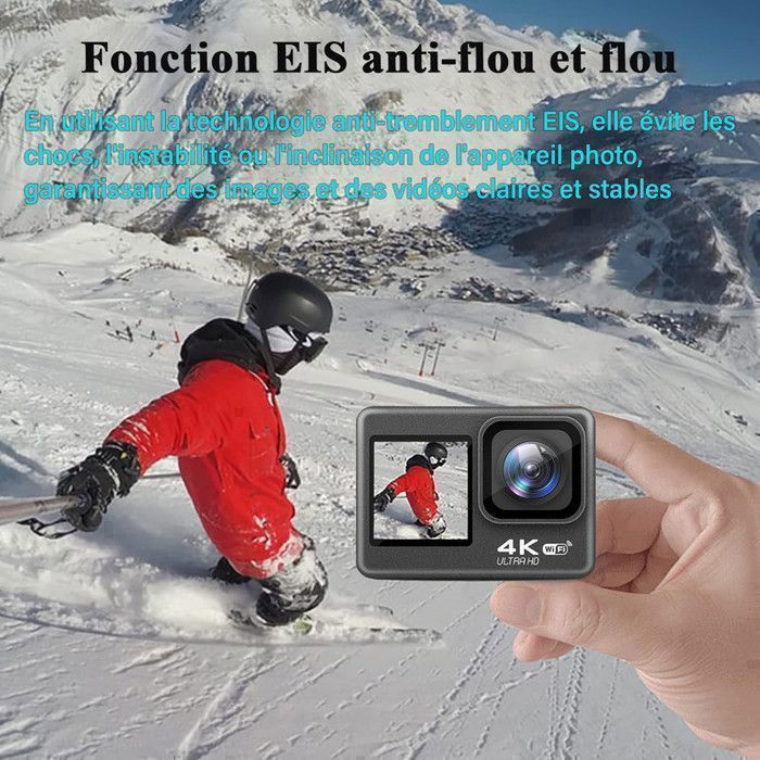 Caméra Sport 4K 60fps 24MP WiFi - Camera 4k Étanche jusqu'à 40M avec Stabilisation, Convient pour les voyages, le sport
