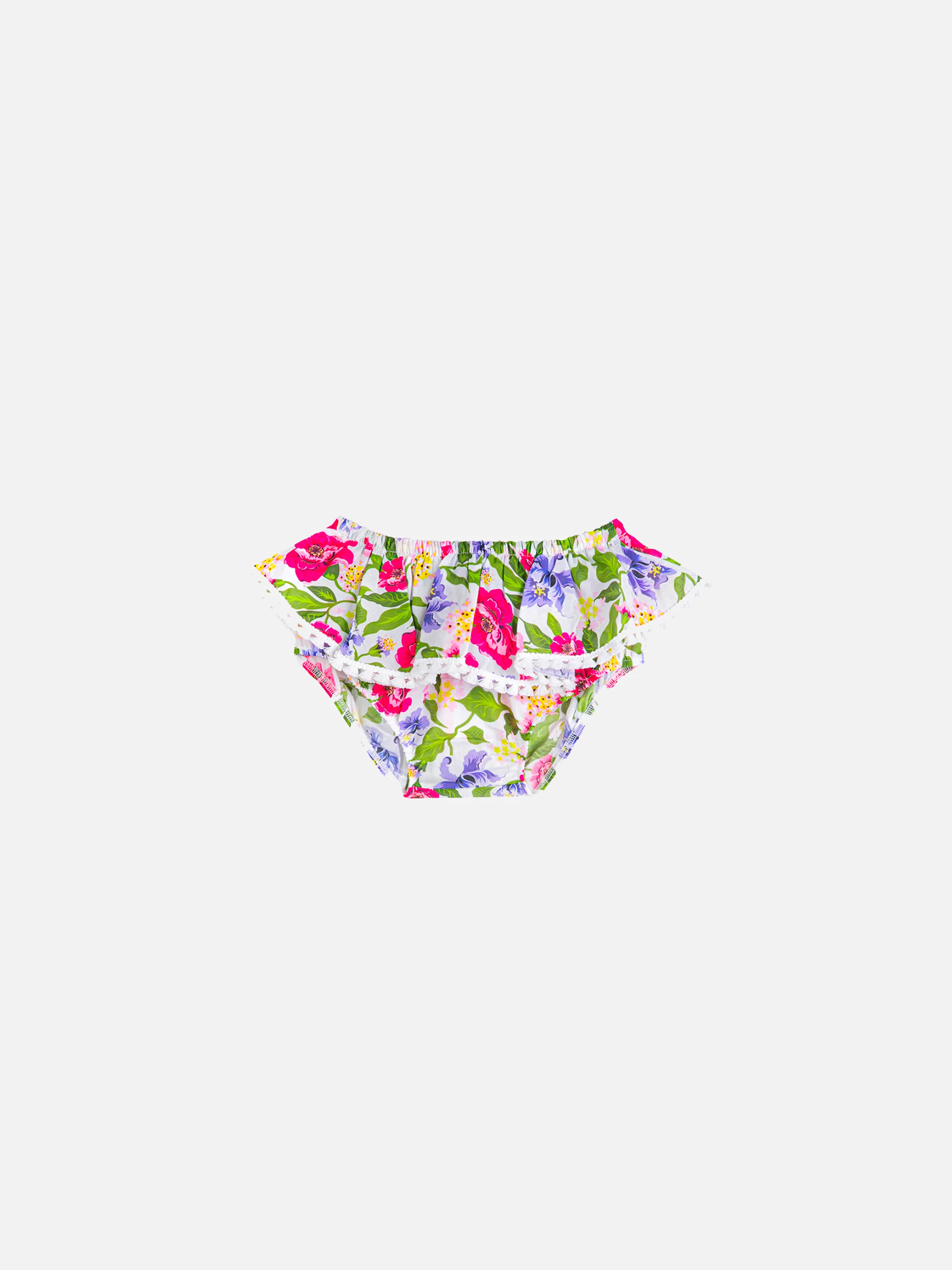 Babyzwembroekje met bloemenprint, ruches en strikjes.