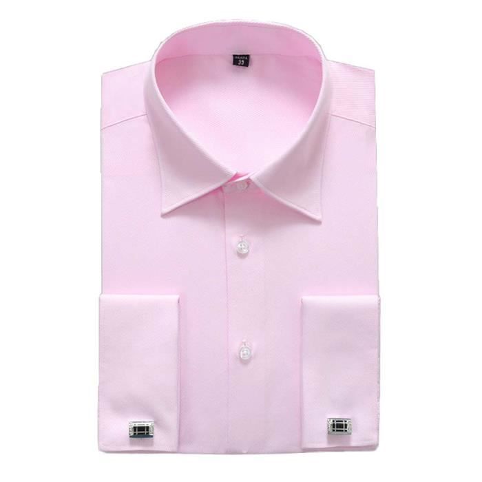 Camisa clásica de manga larga lisa de corte ajustado con puños franceses para hombre - Rosa