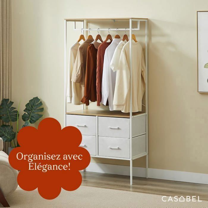 CASABEL Penderie vêtements, meuble avec 4 tiroirs de rangement, Porte Manteau, Dressing, Penderie, bois & métal blanc, 80×40×167 cm