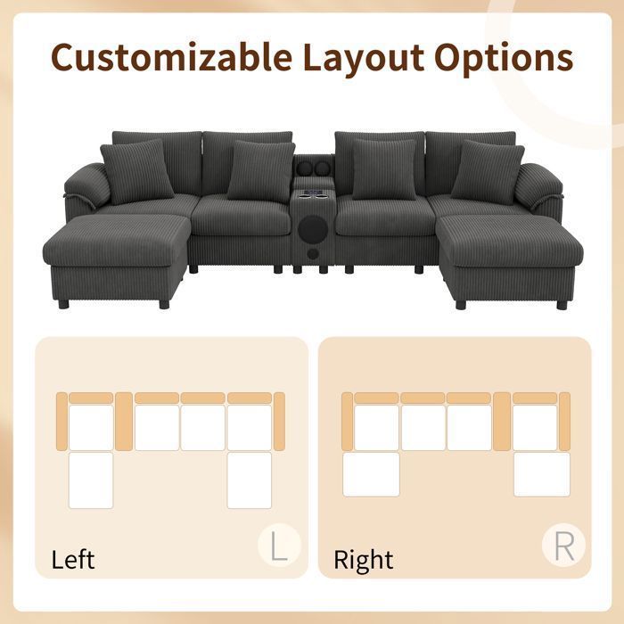 Modulares Ecksofa aus grauem Cord mit Bluetooth-Lautsprecher und Konsole, 6-Sitzer-Sofa mit USB-Anschluss und Kissen, Grau