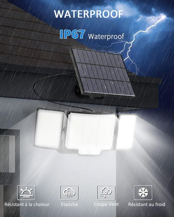 Foco solar exterior de 348 LED con sensor de movimiento, resistente al agua IP65 para jardín.