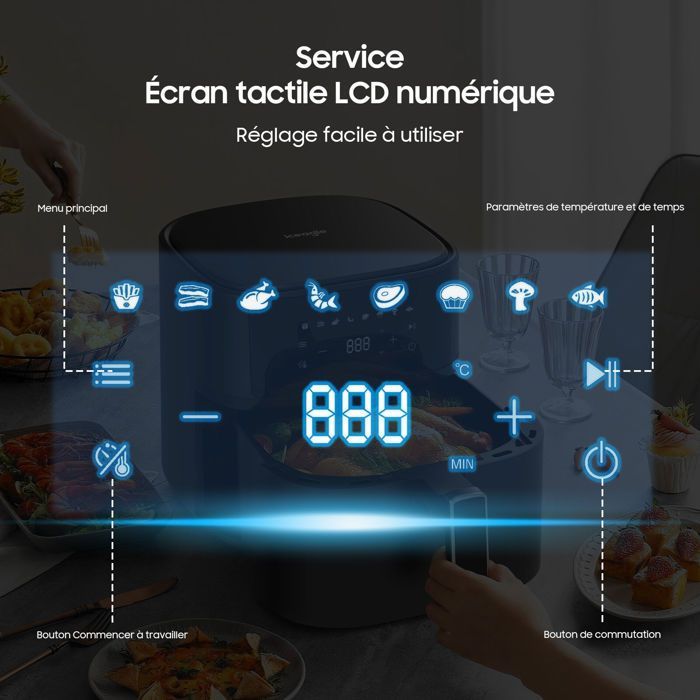 Freidora de aire de 1700 W con 8 programas - 6,5 L - 625 A, pantalla táctil, recetas, temporizador, color negro.