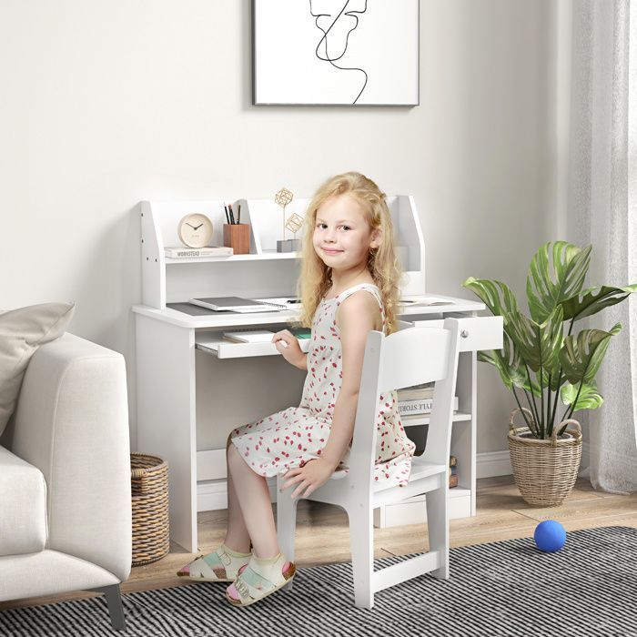 Scrivania per bambini con sedia - ZONEKIZ - vassoio estraibile per tastiera, cassetto, ripiani a giorno e nicchie - 90 x 45 x 90 cm - bianca