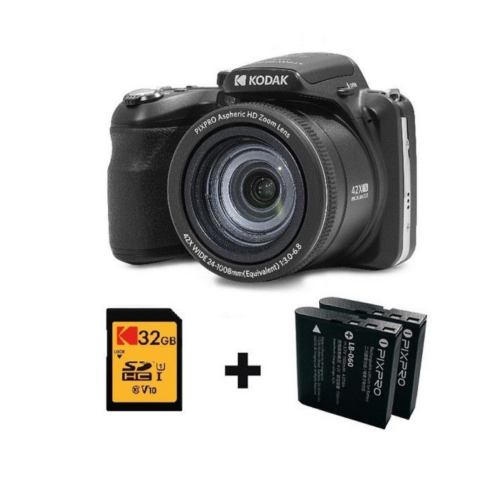 Kodak PIXPRO AZ425 Black Digital Camera + Second Battery (Type LB060) + 32GB Memory Card