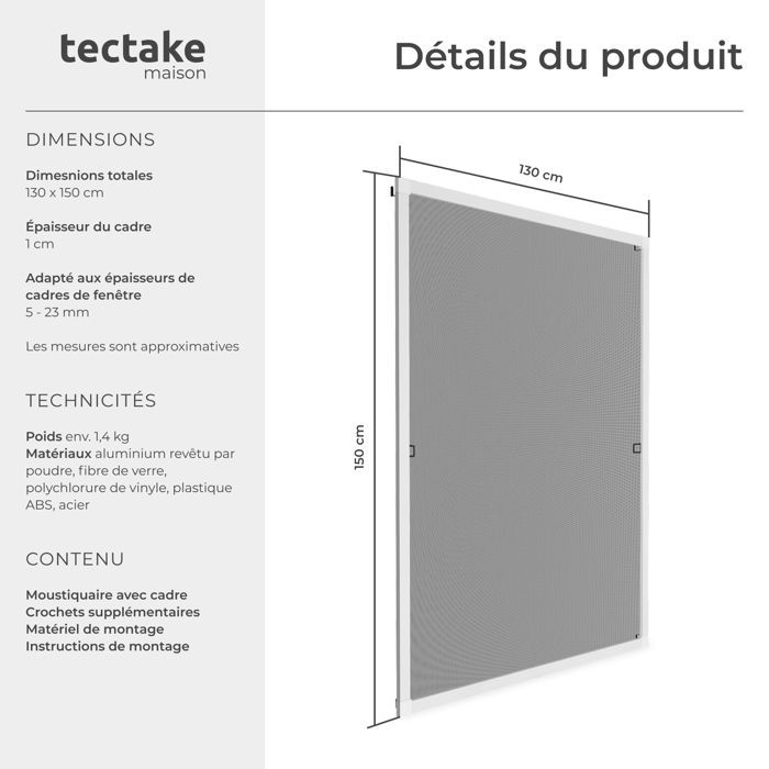 Moustiquaire - TECTAKE - Filet anti-insectes en aluminium ajustable, résistant aux intempéries et perméable - 130 x 150 cm
