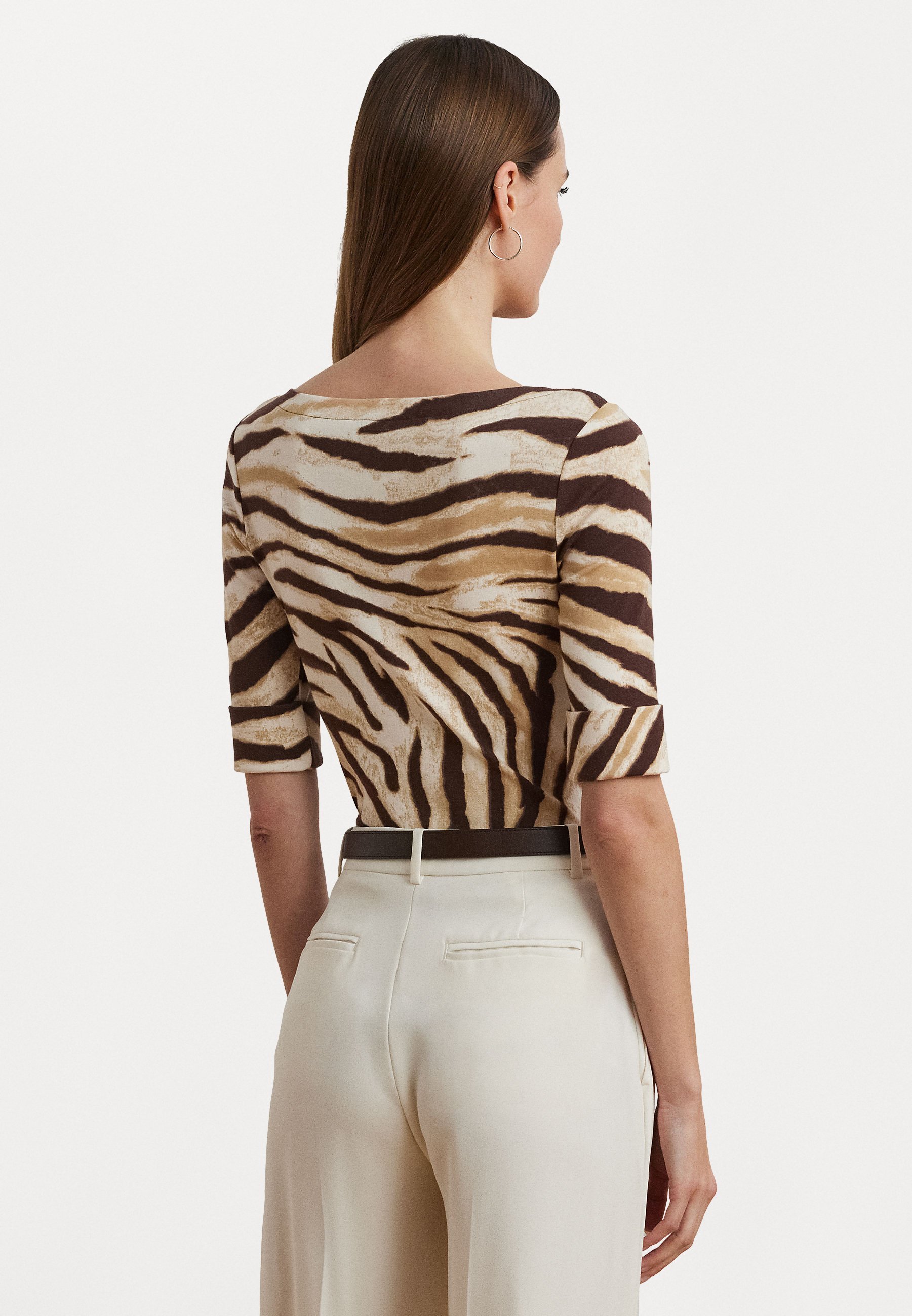 T-shirt Lauren Ralph Lauren in cotone elasticizzato con stampa zebrata e scollo a barca - T-shirt stampata - crema/marrone