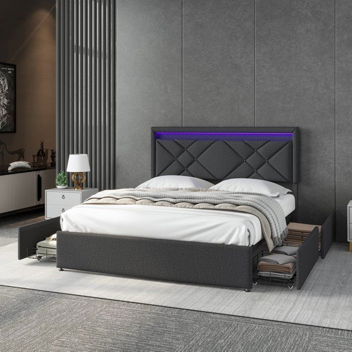 Set completo per camera da letto per adulti, base letto 160x200, letto matrimoniale, letto contenitore 160x200, letto a LED, testiera a LED, 4 cassetti, biancheria, grigio scuro.
