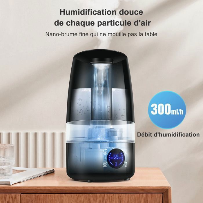 Humidificador ultrasónico KNKA de 4,5 L - Difusor de aceites esenciales - 300 ml/h - Pantalla LED - Filtro cerámico - 28 dB