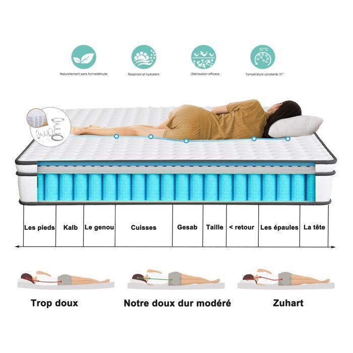Matelas 90x200 cm, 25 cm, Hybride à ressorts ensachés, Mémoire de forme, Confort moyen, Respirant 3D, Design ergonomique,