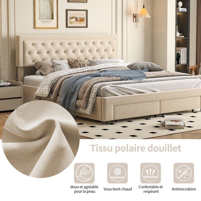 Cama con almacenamiento - BLANKETSWARM - 180x200 - Terciopelo beige - 2 cajones - Estilo escandinavo moderno