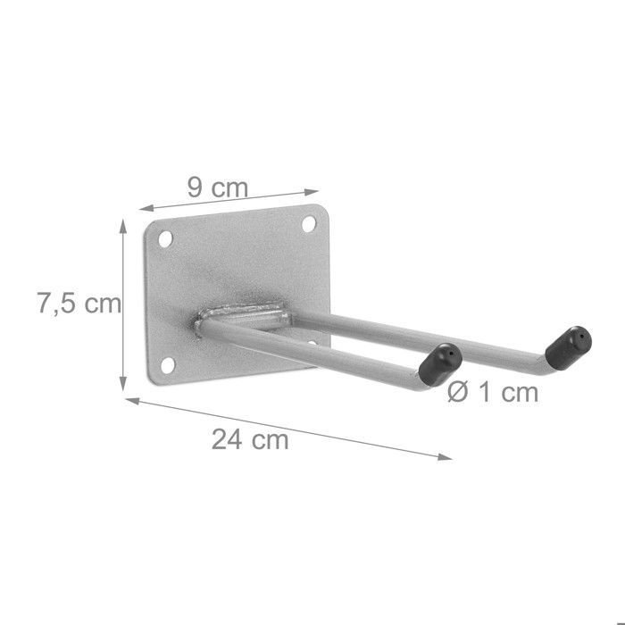 Soporte de pared Relaxdays, 24 cm de largo, gancho doble para pared, soporte para herramientas para garaje, taller y sótano, acero, plateado.