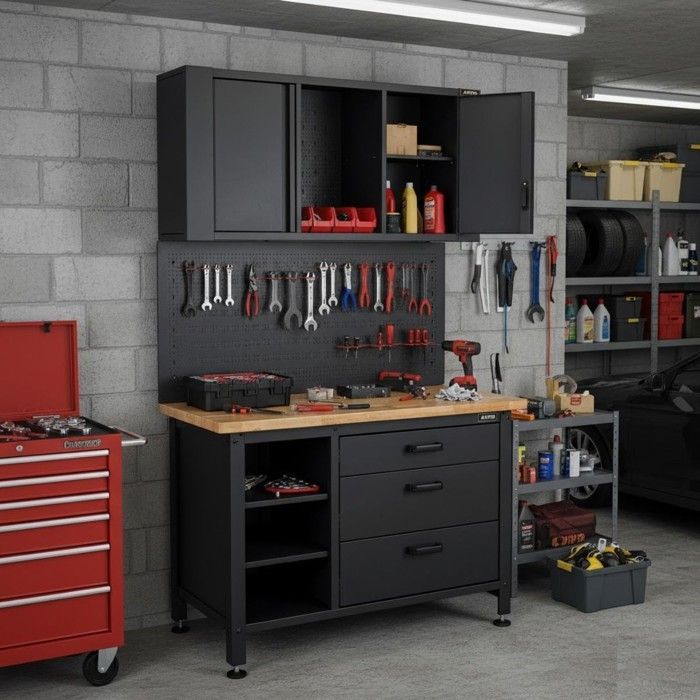 Werkbank voor werkplaats/garage met opbergkast - Houten werkblad, 2 kasten, 3 lades, geperforeerd paneel, draagvermogen 500 kg, VITO