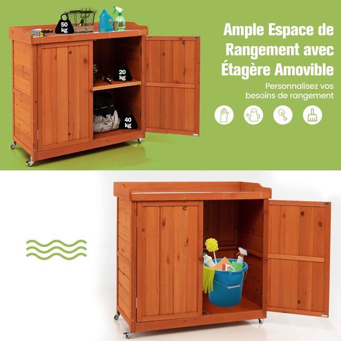 GIANTEX Armoire à Outils en Bois de Sapin, Abri de Stockage pour Outils avec 4 Roues Universelles et Étagère Amovible,98,5X48X100