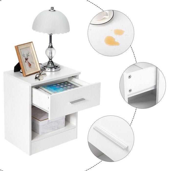 Mesita de noche, cómoda de dormitorio con 1 cajón, apta para salón o dormitorio, 39 x 29 x 41 cm, blanca.