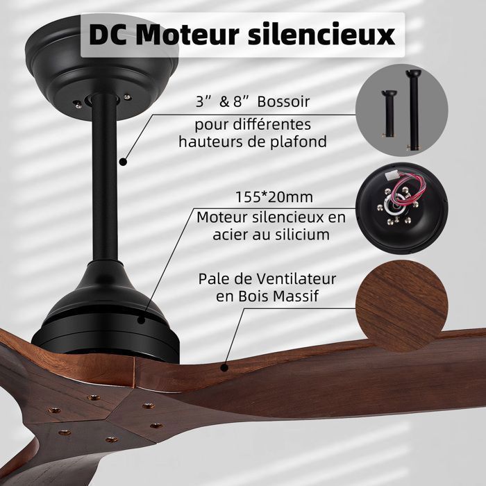Ventilateur de Plafond Silencieux Réversible avec Télécommande KOTEZU, 132 cm Moteur CC avec 3 Pales en Bois Paulownia Naturel, 35W