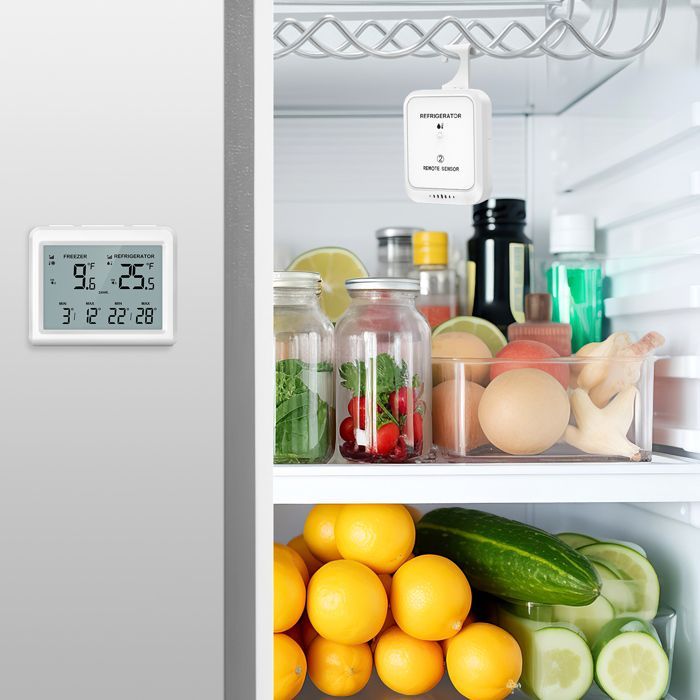 Thermomètre de Frigo Congélateur, Thermomètre de Réfrigérateur Sans Fil avec 2 Capteurs, Alarme Sonore, Min/Max