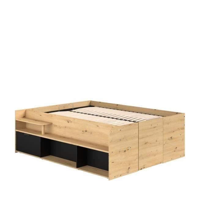 Cama con almacenamiento para adultos ODYSSEE - 140 x 190/200 cm - Con almacenamiento elevable - Acabado en roble y negro - 166,2 x 66,5 x 205,8 cm
