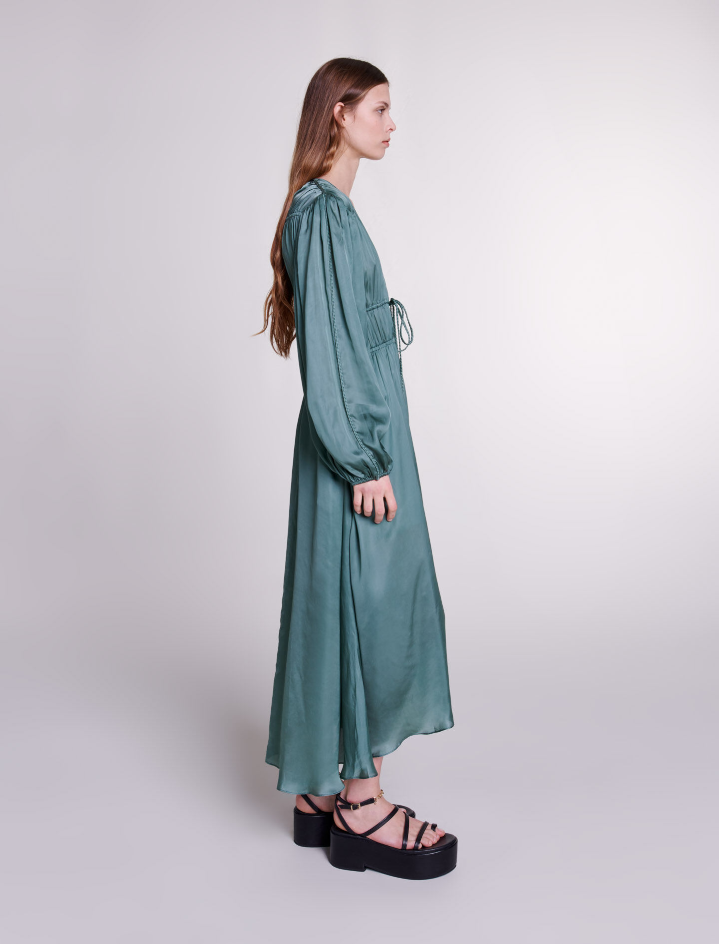 Rochie lungă din satin - Kaki