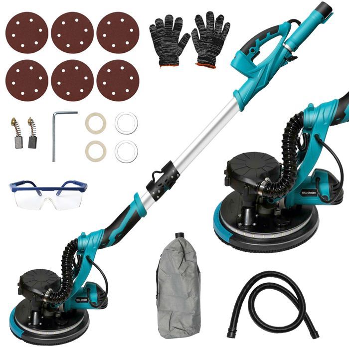 Ponceuse Girafe 1250W,  avec Aspirateur Intégré, 5 Vitesses (800-1800 RPM), Lumière LED, Manche Téléscopique, 4m Cable, polissage