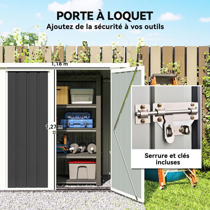 Caseta/cabaña de jardín - Outsunny - 1,09 m² para almacenamiento de herramientas, 2 puertas con cerradura - chapa de acero - 147x86x134cm - blanco y negro