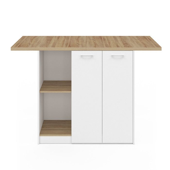 Isla central IDMARKET BAO de 140 cm para 4 personas, madera blanca con encimera efecto haya.
